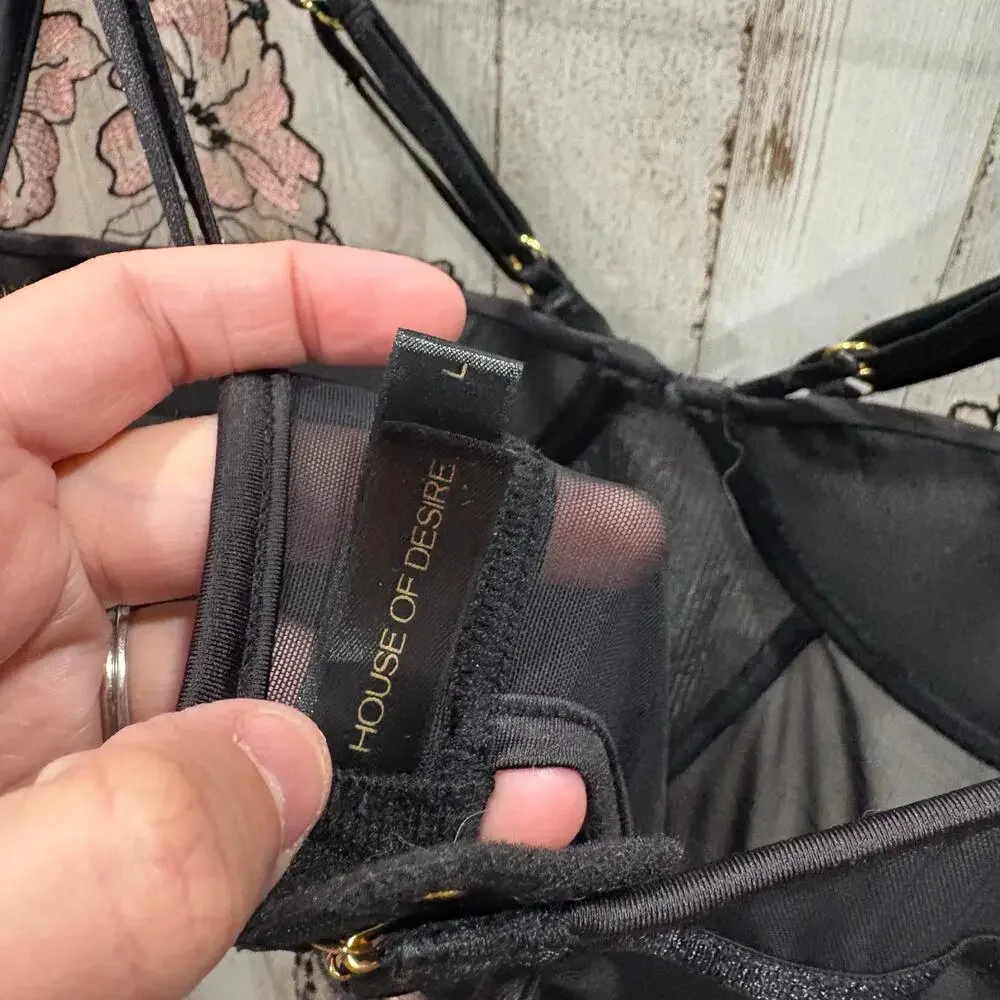 House of Desire Nova Blacklight Lace Chemise In Black  Floral Lingerie Large - Picture 4 of 9